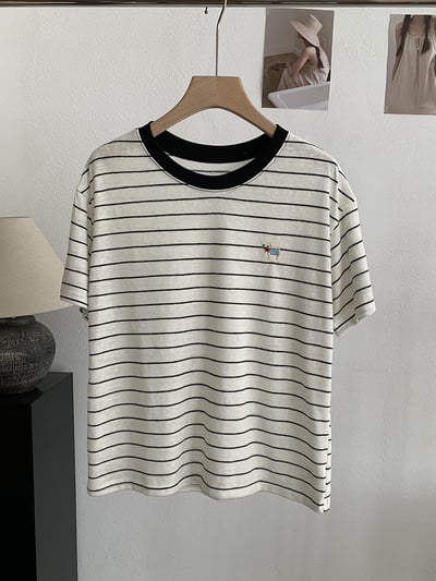 小狗刺繡撞色條紋T恤5