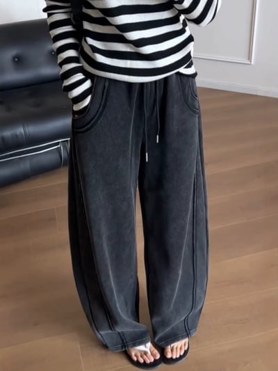 Kahlo｜鬆緊綁帶水洗棉車線彎刀寬褲7