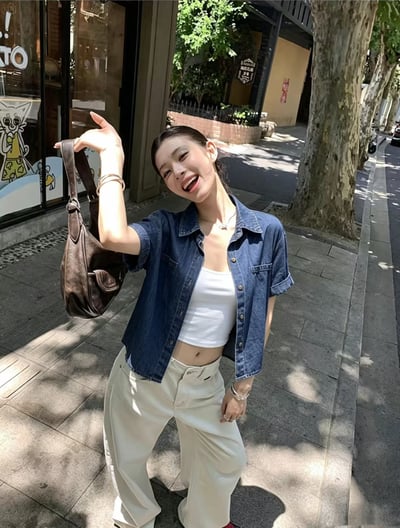 率性前短後長水洗牛仔短袖襯衫3