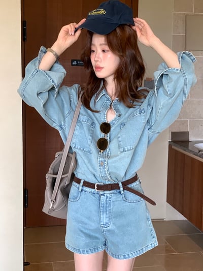 檸檬家～復古水洗牛仔外套＋高腰顯瘦牛仔短褲套裝4