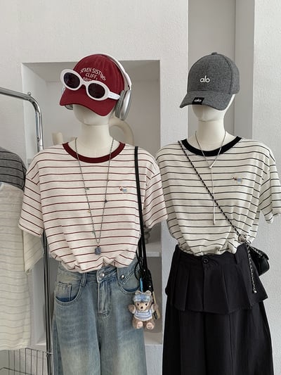 小狗刺繡撞色條紋T恤1