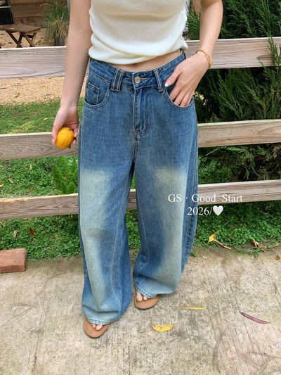 復古水洗刷色高腰寬版牛仔褲10