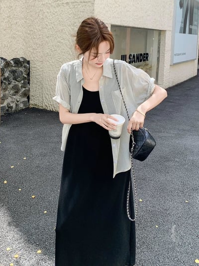 清新條紋襯衫＋氣質長洋裝兩件套5