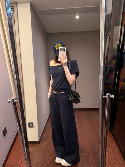 斜肩微露鎖骨針高腰垂墜寬褲兩件組7