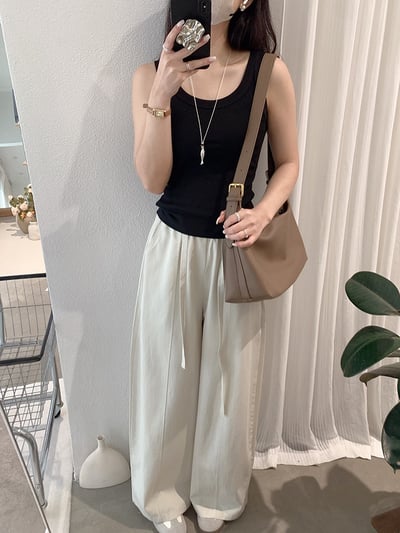 鬆緊腰綁帶垂感彎刀寬褲13