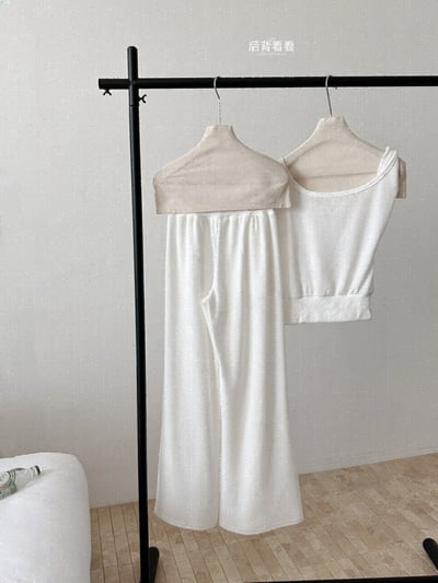 斜肩微露鎖骨針高腰垂墜寬褲兩件組15