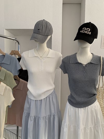 修身POLO領短袖針織上衣2