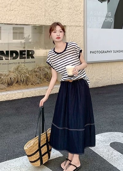 清新條紋×天絲牛仔裙套裝｜9