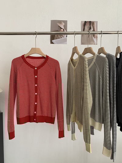 春日細條紋針織開襟外套6