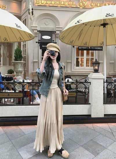 春日溫柔垂墜感壓褶雪紡長裙2