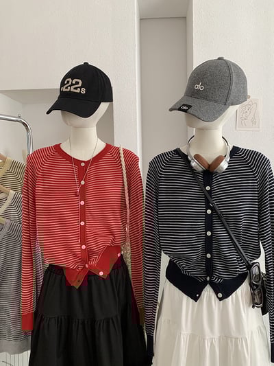 春日細條紋針織開襟外套2