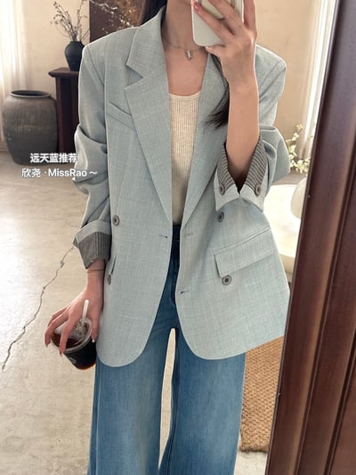 質感條紋拼接翻袖西裝外套｜日常百搭顯瘦版型1