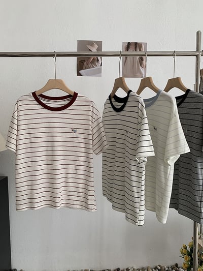 小狗刺繡撞色條紋T恤2