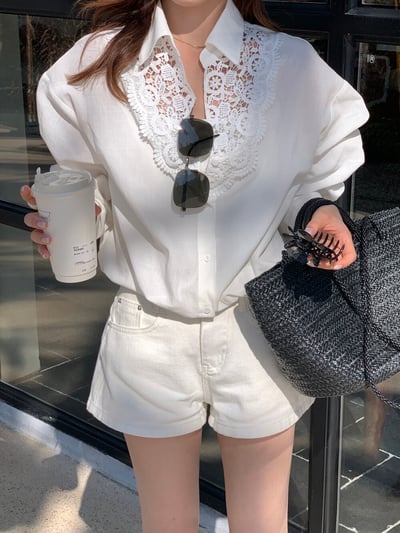 檸檬家#甜美蕾絲拼接翻領襯衫9