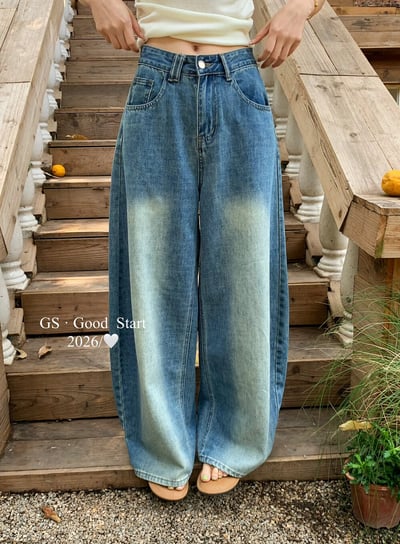 復古水洗刷色高腰寬版牛仔褲2