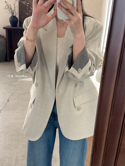 質感條紋拼接翻袖西裝外套｜日常百搭顯瘦版型13