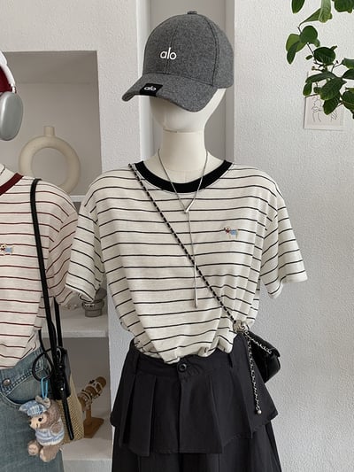 小狗刺繡撞色條紋T恤3