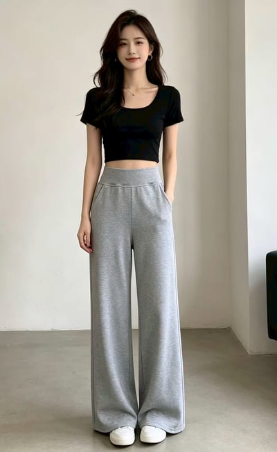 韓系高腰平腹顯瘦垂墜寬褲10