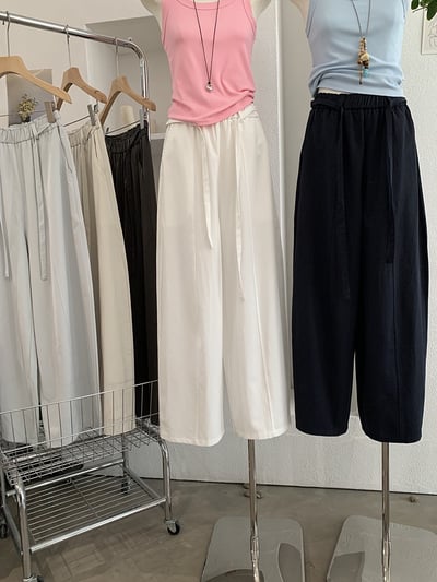 鬆緊腰綁帶垂感彎刀寬褲1