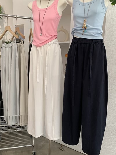 鬆緊腰綁帶垂感彎刀寬褲2