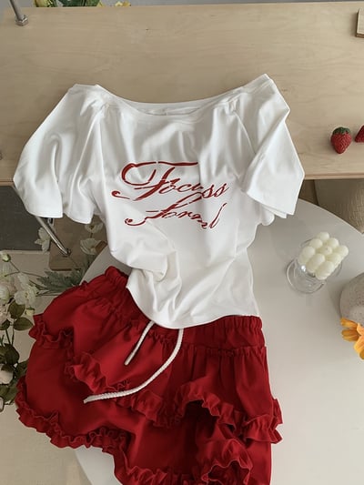 設計感斜領字母短袖T7