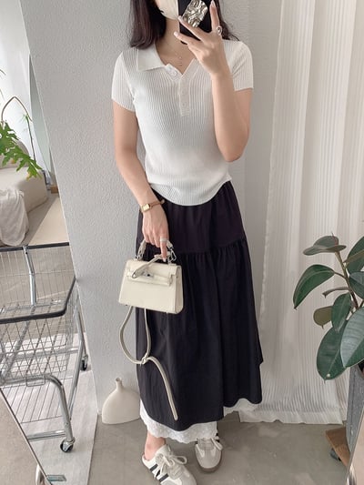 法式蕾絲拼接鬆緊腰長裙12