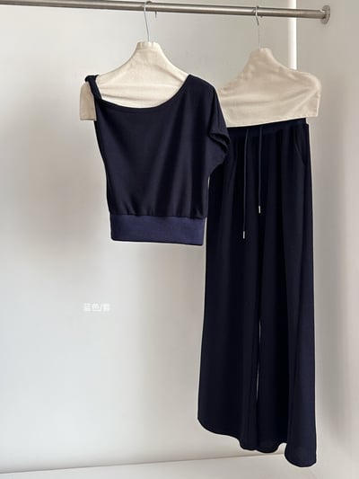 斜肩微露鎖骨針高腰垂墜寬褲兩件組14