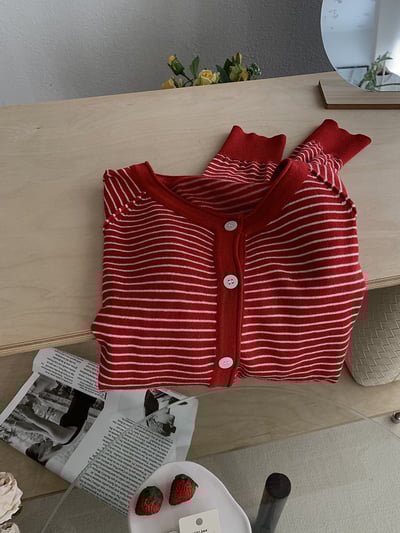 春日細條紋針織開襟外套15