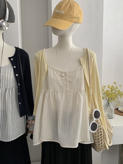 春日防曬針織開衫＋細肩條紋傘擺背心兩件套7