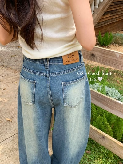 復古水洗刷色高腰寬版牛仔褲8