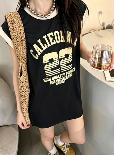 美式加州撞色字母空氣棉長版上衣6