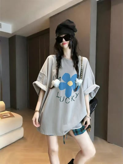 韓系藍花幸運感寬鬆T3