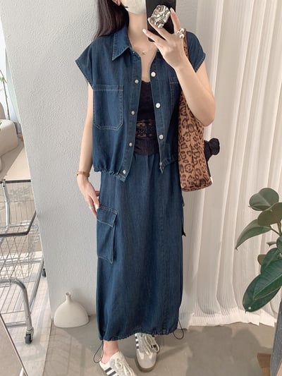 襯領抽繩短版背心＋鬆緊腰工裝牛仔裙11