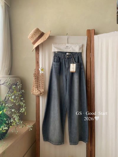 復古水洗刷色高腰寬版牛仔褲18