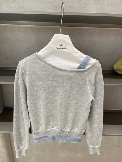 斜肩設計撞色假兩件輕薄針織上衣5