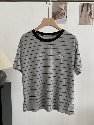 小狗刺繡撞色條紋T恤9