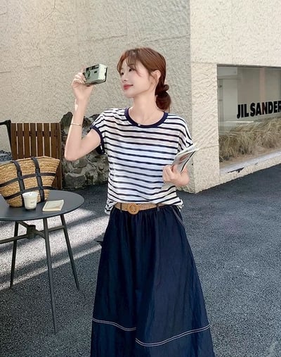 清新條紋×天絲牛仔裙套裝｜6