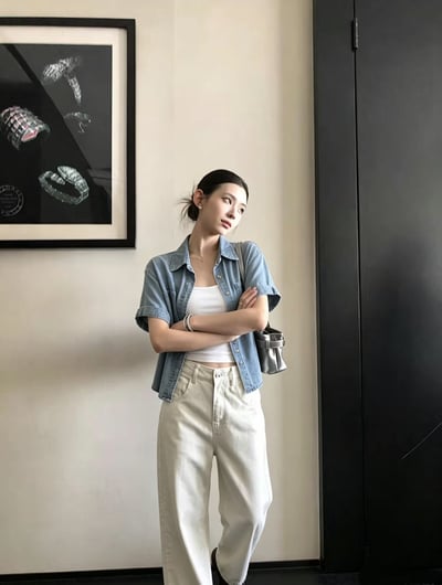 率性前短後長水洗牛仔短袖襯衫4