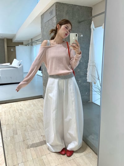 斜肩設計撞色假兩件輕薄針織上衣2