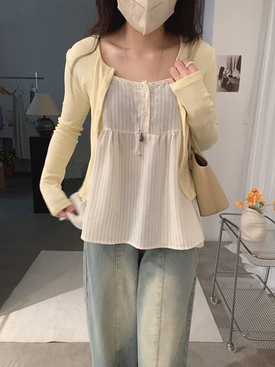 春日防曬針織開衫＋細肩條紋傘擺背心兩件套15