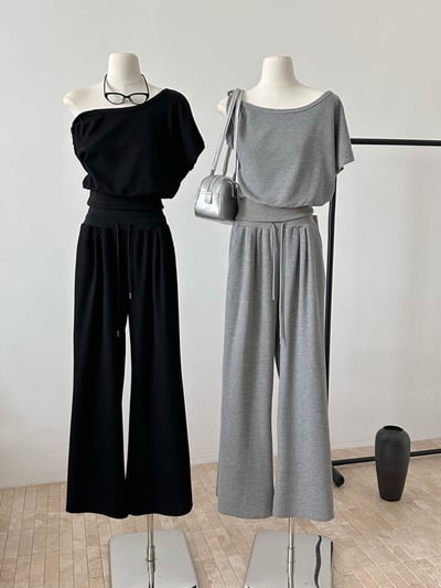 斜肩微露鎖骨針高腰垂墜寬褲兩件組9