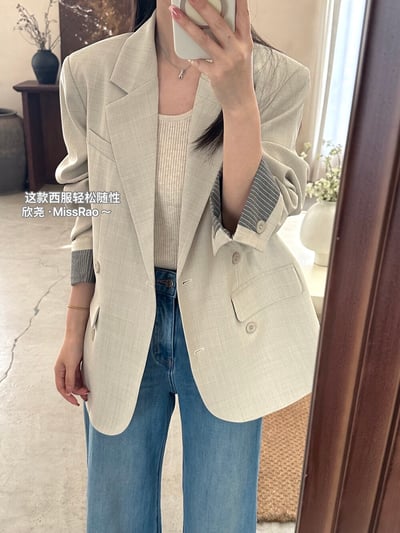 質感條紋拼接翻袖西裝外套｜日常百搭顯瘦版型4