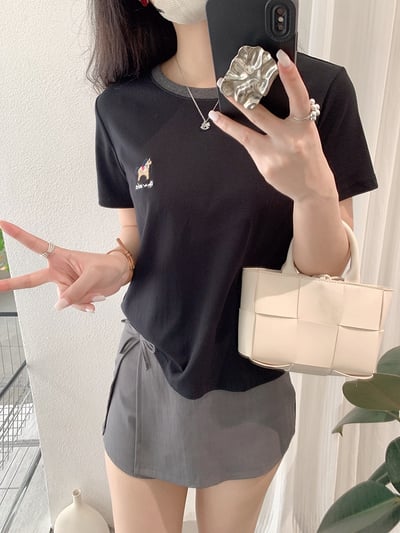 小馬刺繡撞色圓領條紋短袖T恤13