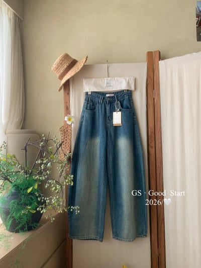 復古水洗刷色高腰寬版牛仔褲14
