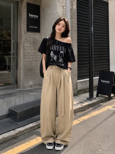 韓系帥翻腰帶水洗牛仔寬褲1