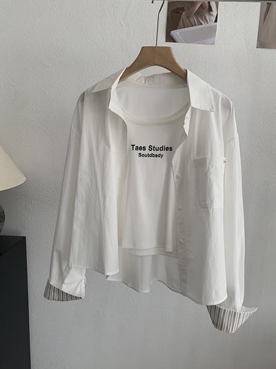 清新撞色袖口襯衫＋字母背心兩件套6