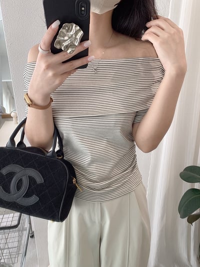純欲風一字領細條紋修身上衣10