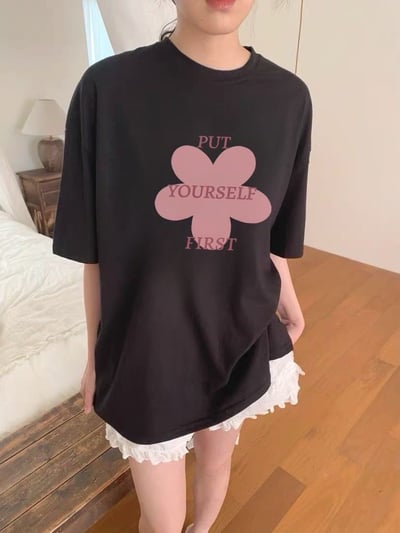 韓系花朵字母寬鬆T1