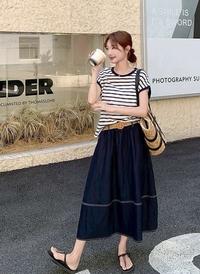 清新條紋×天絲牛仔裙套裝｜5