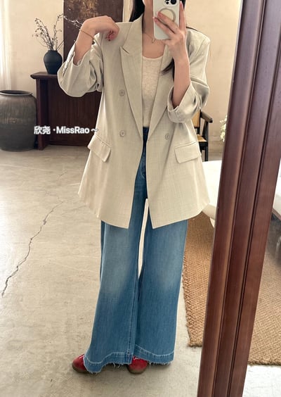 早春奶油黃氣質雙排釦西裝外套11